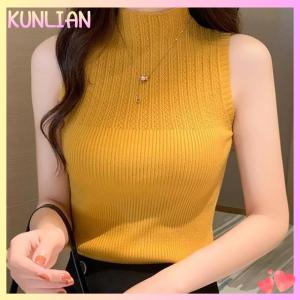 [KUNLIAN] เสื้อกล้ามคอเต่าครึ่งตัวสำหรับผู้หญิงเสื้อกั๊กเข้ารูปแขนกุดสีพื้นแบบย้อนยุคฤดูร้อน