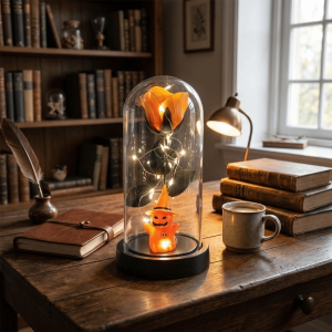 FLEURS Glass Dome Rose Halloween Ghost Rose Light Plastic Realistic Artificial Rose Night Light Creative Transparent Cover Simulation Rose Light Living Room Decor