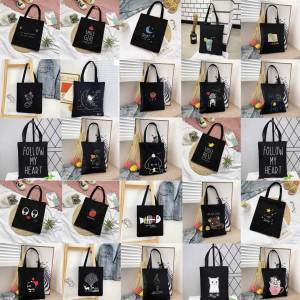 Women Black Shopping Bag Cartoon Print Girl Cat Heart Gothic Ladies Shoulder Handbags Reusable Grocery Shopper Tote Bags