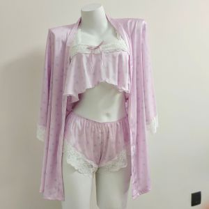 Retro Pajamas Womens Dressing Gowns Lace Silk Back Suspenders Sleep Tops with Shorts Loungewear Small Chest Thin Two-piece Set
