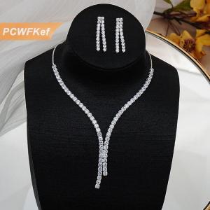 【PCWFKef】 2pcs đơn giản hình học Zircon Vòng cổ bông tai Kit cho phụ nữ cưới cô dâu trang sức Bộ phụ kiện Quà Tặng