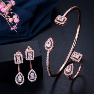 SEQUITO New Popular Unique Ladies 3Pcs Jewelry Silver Plated Inlay Square Waterdrop Cubic Zirconia Simple Trendy Adjustable Open Cuff Bangle Ring Drop Earrings Set SJ290