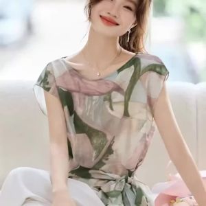 WomenS Loose Sleeveless Printed T-Shirt With Sash Waist Tie Casual Summer Top In Floral Abstract Pattern Lightweight Chiffon