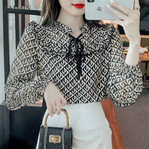 AMMIN ผู้หญิงสไตล์เกาหลีเชื้อราคอปกผูกพิมพ์เสื้อชีฟองแฟชั่นใหม่การออกแบบที่บางเฉียบแขนยาวดอกไม้ชีฟองด้านบน