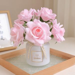 LOVWK 5หัว กิ่งดอกกุหลาบประดิษฐ์ ขอบโค้งมน สัมผัสได้จริง ดอกไม้ปลอม การจัดดอกไม้ งานทำมือ จำลองดอกกุหลาบดอกไม้ ตกแต่งบ้านห้องนั่งเล่น