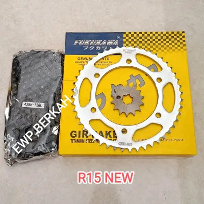 GEAR SET FUKUKAWA MOTOR YAMAHA R15 NEW V3 NEW LED GIR RANTE SET FUKUKAWA UKURAN 428H-128L-48T-14T