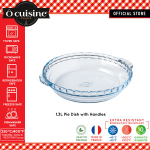 Ocuisine 1.3L Borosilicate Glass Round Pie Dish with Handle / Heat Resistance / Borosilicate Glass / Ovenware / Bakeware / Tableware / Microwave Safe / Bakeware Dishes / Transparent / Clear / Mangkuk Kaca Oven Tahan Panas - 26cm