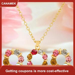 【CANAMEK 】 3Pcs Gold Necklace Earrings Set Ladies Celebrity Simple Fashion Style Exquisite Stained Glass Diamond Circle Shape Jewelry