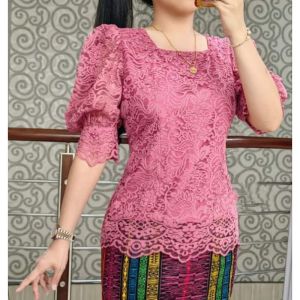SR Blouse Renda Brokat - Kebaya Kartini Modern Leher Petak Tangan Kedut Aplikasi Mutiara
