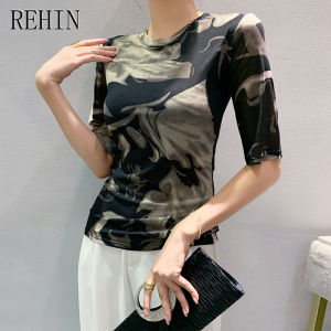 REHIN Autumn Fashion Mesh Printed Short Sleeve Round Collar T-shirt Slim-Fit Korean Stylish and Trendy Women Blouse