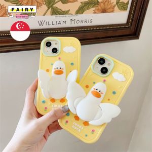 (SG Seller) Lovely 3D Duck Folding Wings Holder Stand Phone Case For iPhone 15 / 15 Pro Max / 14 / 14 Pro / 13 / 13 Pro Silicone Phone Cover With Bracket