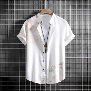 🇸🇬 <LazFashion> Summer New Mens Retro Stand Collar Short Sleeve Button Cotton Solid Color Casual Floral Shirt Plus Size