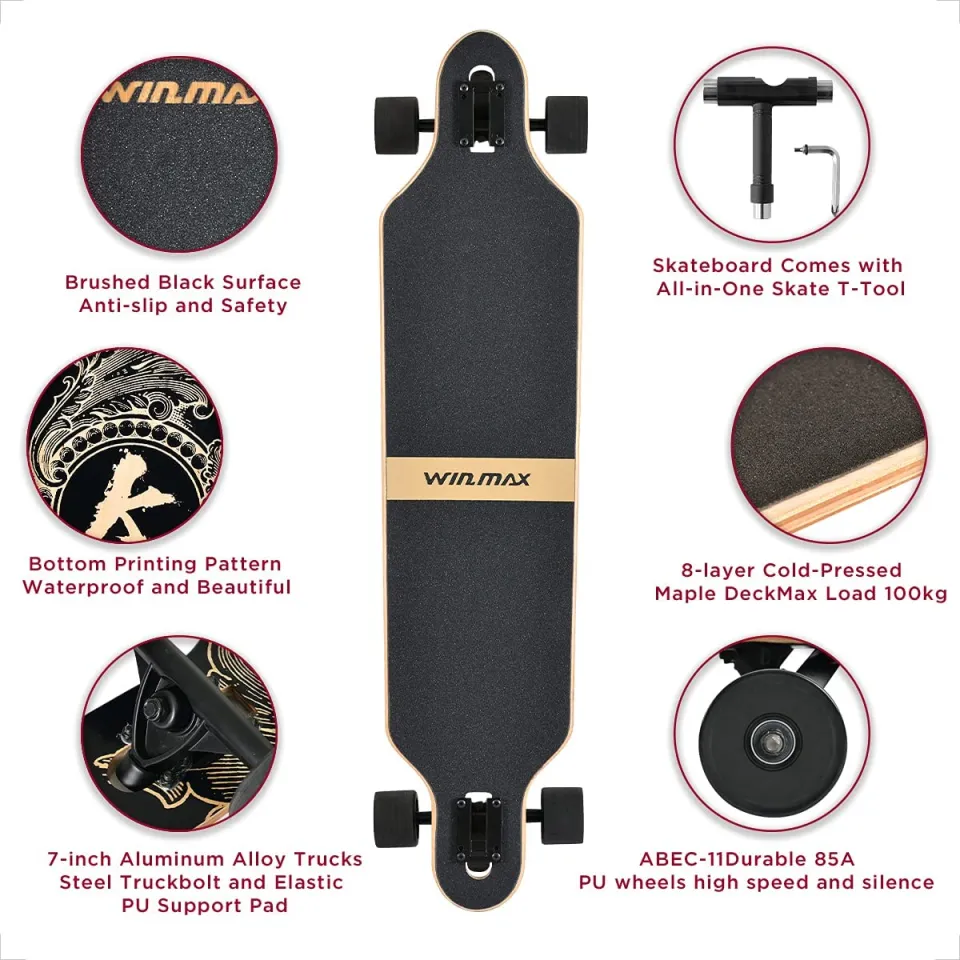 Longboard Cruiser WIN.MAX - 7 Strati Di Acero, Ruote In PU 85A, Cuscinetti ABEC-11 | Con Tool A T, Portata 100 Kg - Foto 8