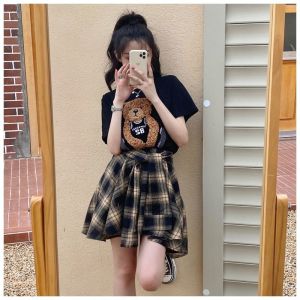 ❤(READY STOCK)❤Salt Suit Womens Summer Fashion Little Bear T-shirt + PLAID RUFFLE SKIRT Fried Street Skirt Two-piece Set