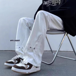 COD High-end white jeans American high street mens autumn thin design pants loose straight slightly pulled trousersGDFSFDGFD