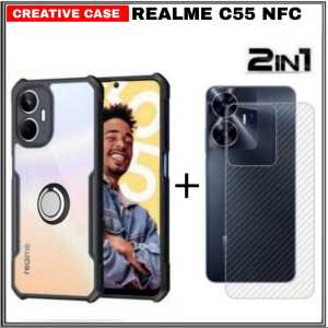 Promo Paket 2 in 1 Case Armor Fusion Shockproof Transparent Realme C67 4G 2023 / Realme C55 NFC / Realme 10 4G / Realme C33 / Realme C21y / Oppo A17 / Oppo A17k 2022 + Garskin Carbon Transparan Free Holder Ring