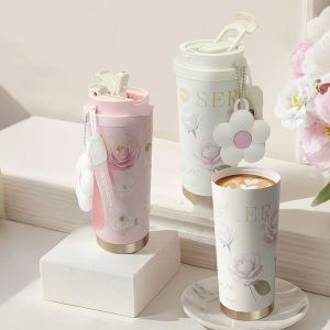 GUDAN ป้องกันการรั่วซึม แก้วกาแฟเก็บความร้อน นержักรสี 500มล. ถ้วยเก็บความร้อน แบบพกพา ลายดอกไม้ ถ้วยเทอร์โมสำหรับเดินทาง ใช้รถยนต์