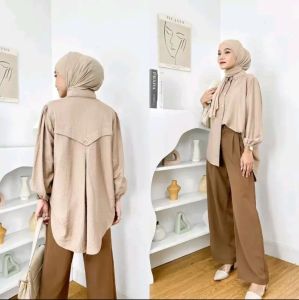 Kemeja Laura Blouse Polo Linen Terbaru Oversize Model Variasi kancing Belakang