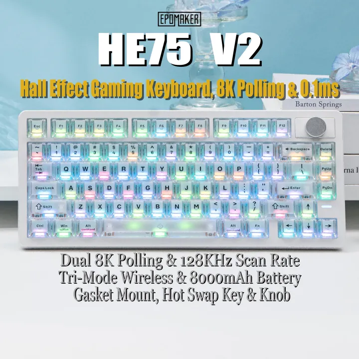 EPOMAKER HE75 V2 Hall Effect Gaming Keyboard, 8K Polling & 0.1ms, 8000mAh & 2.4Ghz/BT, Hot Swap Key & Knob, 0.005mm Adjustable Actuation