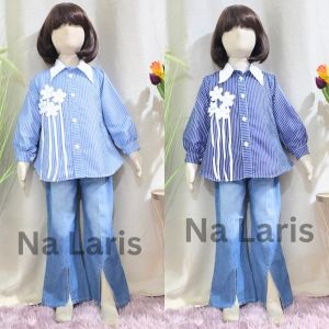 baju salur setelan celana cutbaray import korean style usia 3-10 tahun set salur mix katun shakila motif bunga tangkai / set kombinasi