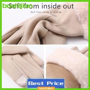 bashijian Autumn Winter Warm Suede Gloves Plus Velvet Thickened Plush Decor Cuff Gloves Outdoor Coldproof Touchscreen Riding Ski Gloves