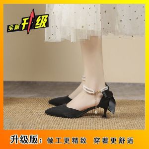 [Free Shipping] Pointed-Toe Elegant And Fresh-Style Single-Strap Flats New Autumn Collection Pearl-Embellished Low-Heeled Shoes For Women With A Slender Heel