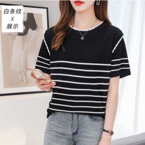 LUCKIN STORE Top for Women 2026 Summer New Blouse Womens Short Sleeve T-shirt Stripe Knitwear Thin T-Shirt Casual Top Plus Size