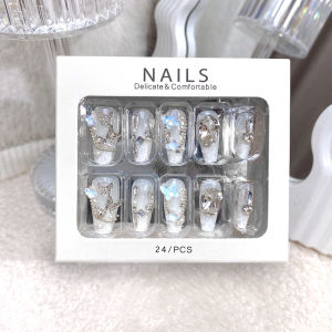 【With Glue】Ready Stock Female Mid-length Fake Nail Crystal butterfly Artificial Nail for Women and Girl Party Activity