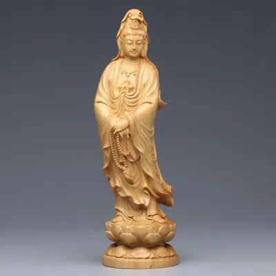 Lucky Fengshui Boxwood Guanyin Blessing Guanyin Bodhisattva Buddha statue Office Home Decor