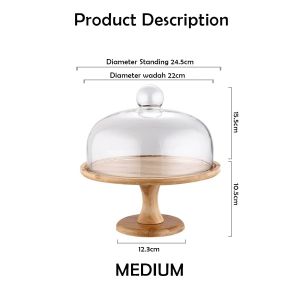 Tempat Kue Round Wooden Cake Stand with Glass Cover Cake Display Cake Plate Medium