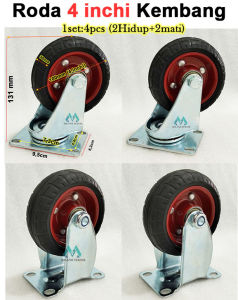 Roda kembang 4 inchi karet (4pcs:2Hidup+2Mati) Roda troli etalese pertukangan gerobak rubber