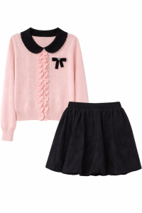 Sweet Preppy Pink Knit Top + Black Skort Set | Korean Style Ruffle Collar Outfit | Free Size WTB02