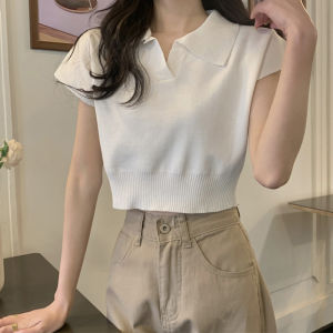 PM Summer Short Sleeve POLO Shirt Knit Crop Top