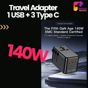 140W International Travel Adapter GaN Universal Travel Adapter with 1 USB-A & 3 Type C Power Adapter Fast Charger for Phone Laptops Worldwide Plug Adapter