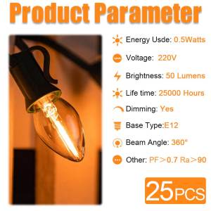 25 Packs C7 Replacement LED Light Bulbs E12 E14 Small Candelabra Edison Bulb Retro Warm White Salt Lamp Bulbs 0.5W Equivalent 5W 90% Energy Saving LED Bulbs