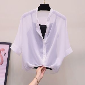 2025夏新款女雪纺衫条纹显瘦不规则套头衬衣两件套蝙蝠袖雪纺上衣Spicy Girls Short Top Womens Loose Korean Version 。。。