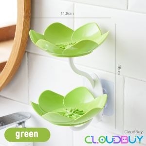 C.B.【Ready in Stock】 Double Layer Lotus Shaped Flowers Shape Soap Dish Soap Box Punch-free Wall Mounted