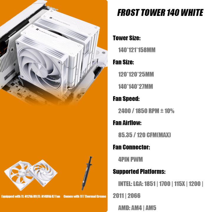 Thermalright%20FROST%20TOWER%20140%20WHITE%20CPU%20Air%20Cooler%20FT140%20WHITE%20158mm%20Height%20Dual-Tower%20Dual-Fan%20Heatsink%207%20Heat%20Pipe%20&%20Heat%20Dissipation%20Soldering%20Process%20Supports%20Intel%2014th/15th%20Gen%20/%20AM4/AM5%20-%20Image%202