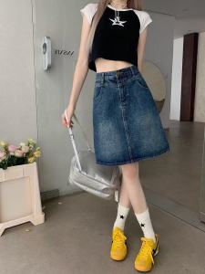 สไตล์เกาหลี เอวสูง เผยผอม ครึ่งกระโปรง กระโปรงยีนส์ กระโปรงสั้น คำเอ กระโปรงลำลอง แฟชั่น กระแส ร้อย. การจับคู่