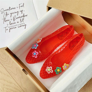 [Free Shipping] Stylish Floral Pointed-Toe Crystal Shoes for Women Soft Sole Outdoor Casual Transparent Sandals DIY Hollow Jelly Shoes