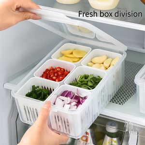 Clear Meat Freezing Box Kitchen Organizer Refrigerator Storage Box 4/6 in 1 Refrigerator Food Vegetable Fruit Storage Box/ Kitchen Chopped Green Onion Drain Divided Container Home Living