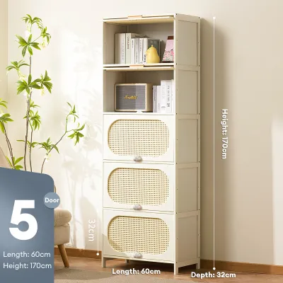 INS HOT Bamboo Storage Cabinet Rattan Door 3/4/5 Layers Bookshelf Organizer Dustproof Creamy Style