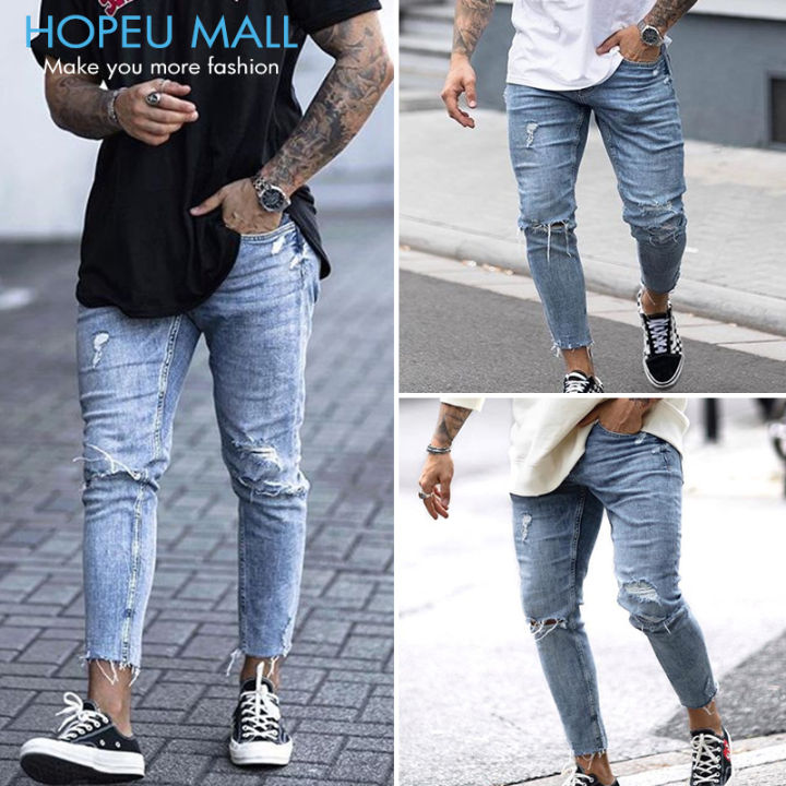 Amazon.co.jp: Streetwear Knee Length Ripped Skinny Jeans Mens Hip Hop  Fashion Ripped Pants Mens Stretch Denim Pants : Clothing, Shoes & Jewelry