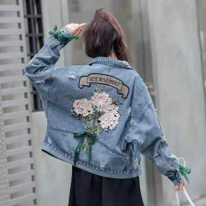 PKOGF Korean Style Women Loose Fashion Flower Embroidery Long Sleeve Short Denim Jacket Ladies Coat