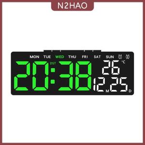 N2HAO Đồng hồ treo tường kỹ thuật số dẫn đồng hồ báo thức lớn hiển thị bảng đồng hồ treo tường đa chức năng nhiệt độ ngày lịch nhà 12 24h điều khiển bằng giọng nói degital cho phòng ngủ phòng khách trang trí nhà