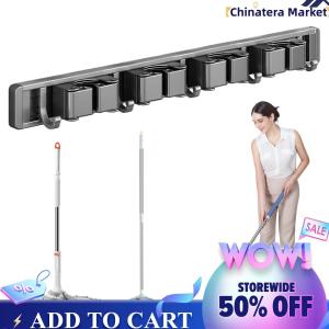 【Chinatera】 Broom Holder Wall Mount Garage Storage Rack with Hooks Broom and Mop Holder Broom Organizer for House Bathroom Laundry Garden Tool Room Garage