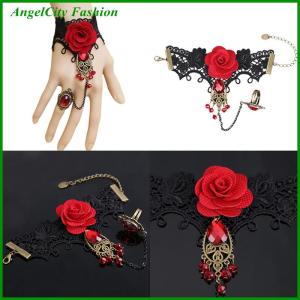 AngelCity Fashion Store Hot New Elegant Gothic Style Lace Red Rose Bracelet with Adjustable Finger Ring