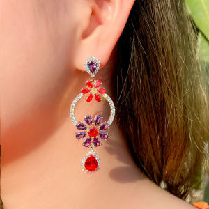 SEQUITO Sparkling Prom Night Ear Jewelry Purple Red Flower Cubic Zirconia Golden Long Water Drop Dangle Women Bohemian Earrings with 925 Silver Ear Pins SE595