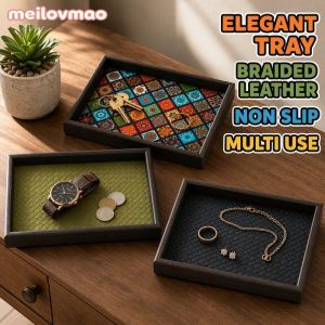 Rectangular Leather Valet Tray Woven Edge Non Slip Base Desktop Catchall Organizer For Keys Coins Jewelry Entryway