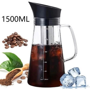 Bình pha cà phê thủy tinh 1500ML với lọc kim loại dung tích đo tay cầm trong suốt phù hợp pha cà phê đá.